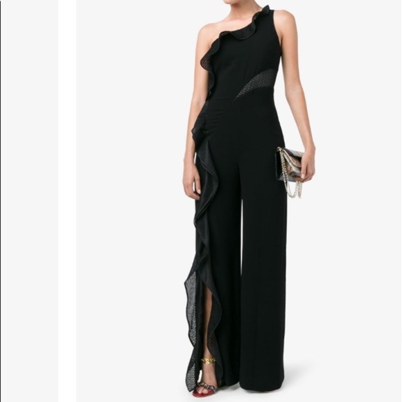 JONATHAN SIMKHAI One Shoulder Ruffle Diamond Mesh Jumpsuit - Picture 1 of 8
